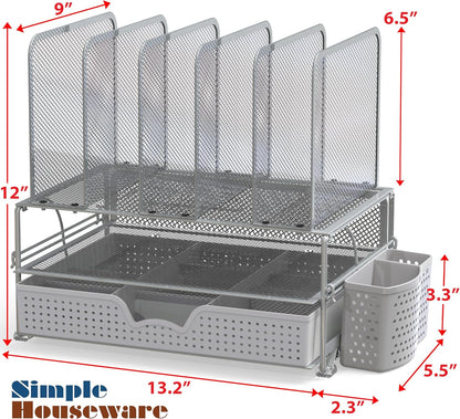 Simple Houseware Mesh Desk Organizer with Sliding Drawer, Double Tray and 5 Upright Sections, Black