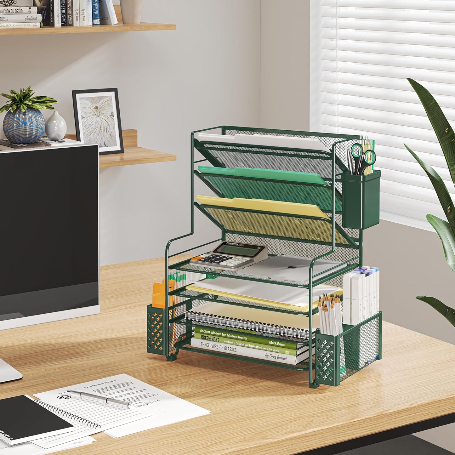 Simple Trending 7 Tier Desk File Organizer, Letter Tray Paper Organizer with Pen Holder and Metal Hanging Basket, Black