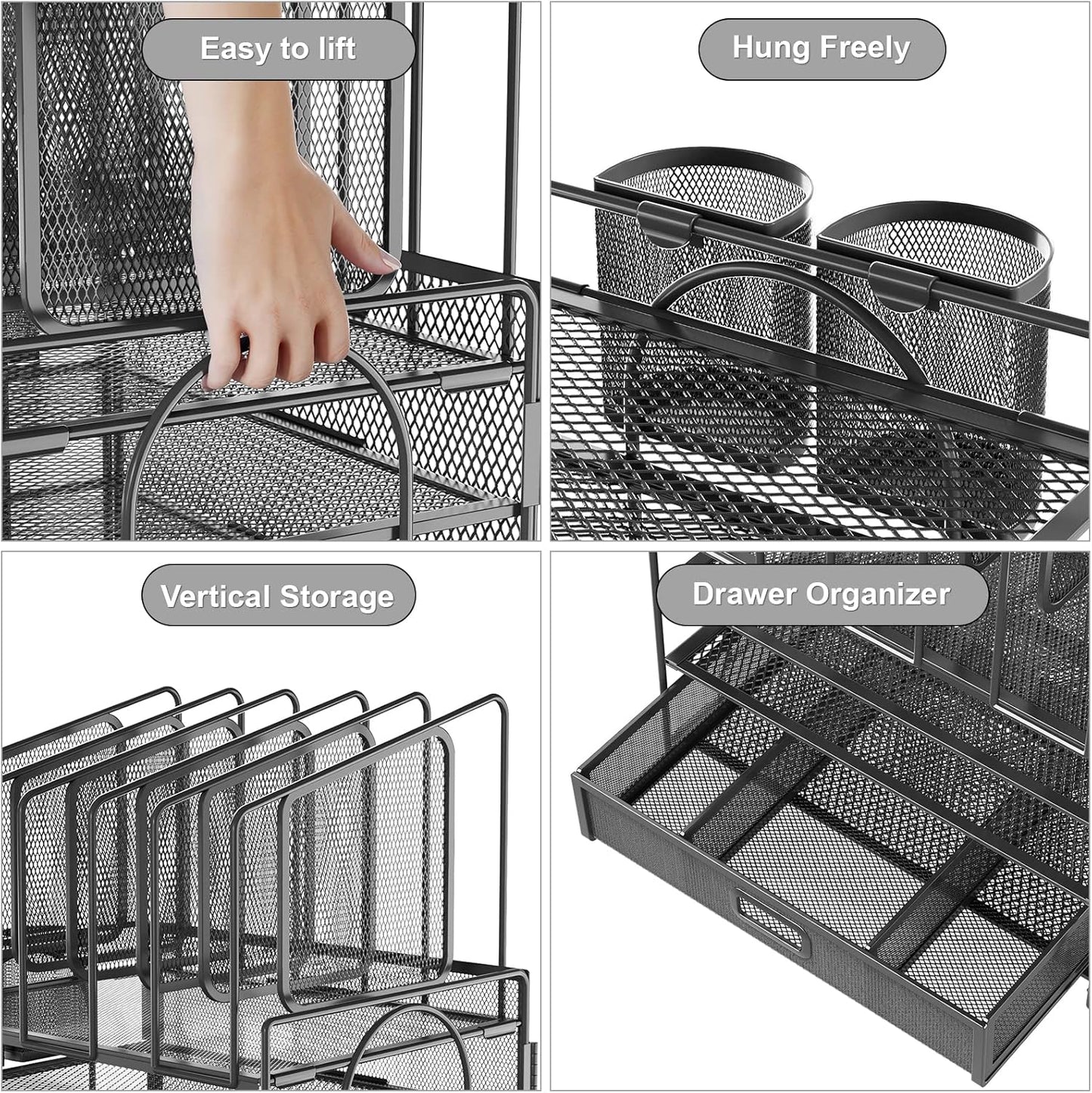 Marbrasse Desk Organizer with Drawer, 4-Tier Mesh File Organizer with 5 Vertical File Holders and 2 Pen Holders, Multifunction Desktop Organizer,Desk Organizers and Accessories for Home Office