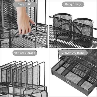 Marbrasse Desk Organizer with Drawer, 4-Tier Mesh File Organizer with 5 Vertical File Holders and 2 Pen Holders, Multifunction Desktop Organizer,Desk Organizers and Accessories for Home Office
