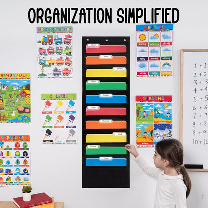 Essex Wares - 7 Pocket File Pocket Chart, Black, Tall - Versatile Wall Hanging File Folder Organizer for Classroom, Office, Home, and More - Wall Folder Organizer - 7 Pockets