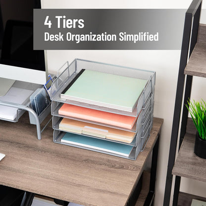 Mind Reader Stackable Paper Tray, Desktop Organizer, File Storage, Office, Metal Mesh, 4 Pcs., Black