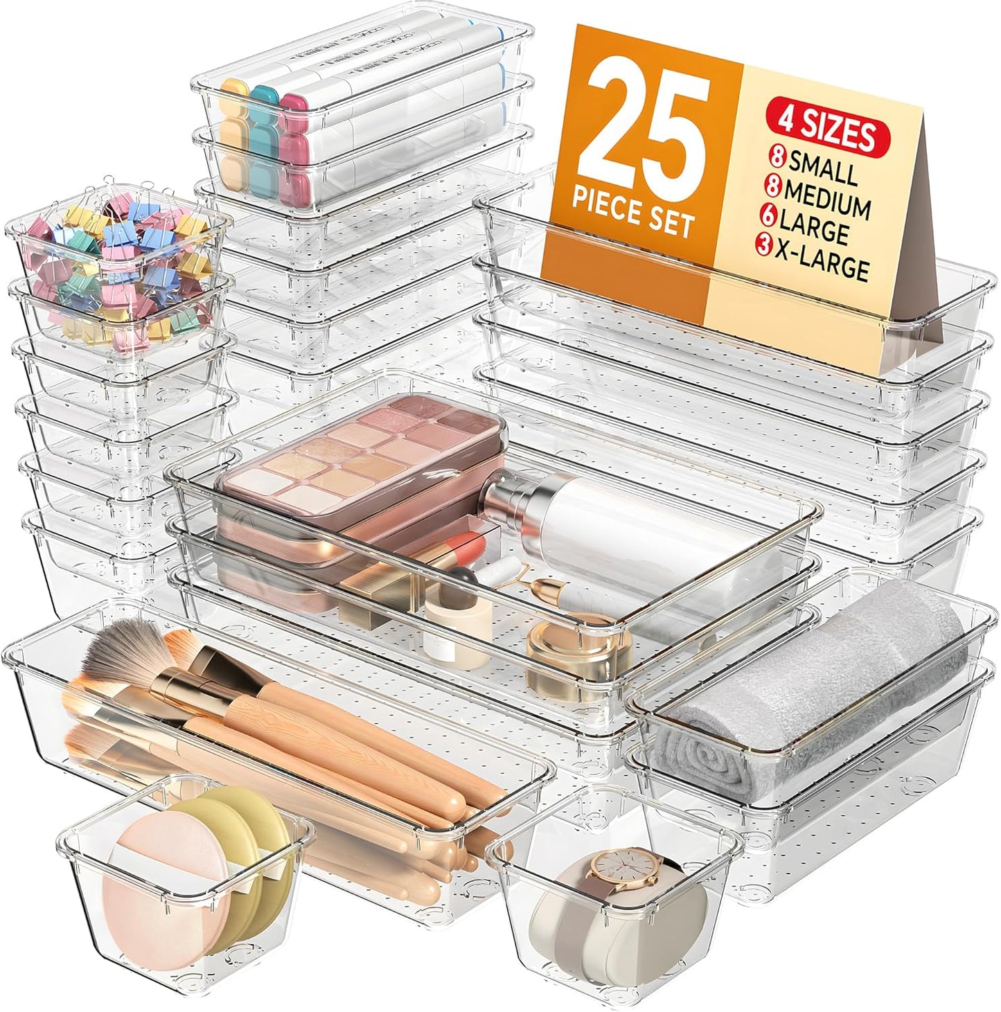 KEMETHY 25 PCS Plastic Drawer Organizers Set, 4 Sizes Vanity Organizer, Makeup and Desk Drawer Organizer Trays, Organization and Storage for Makeup, Bathroom, Kitchen Utensils and Office (Black)