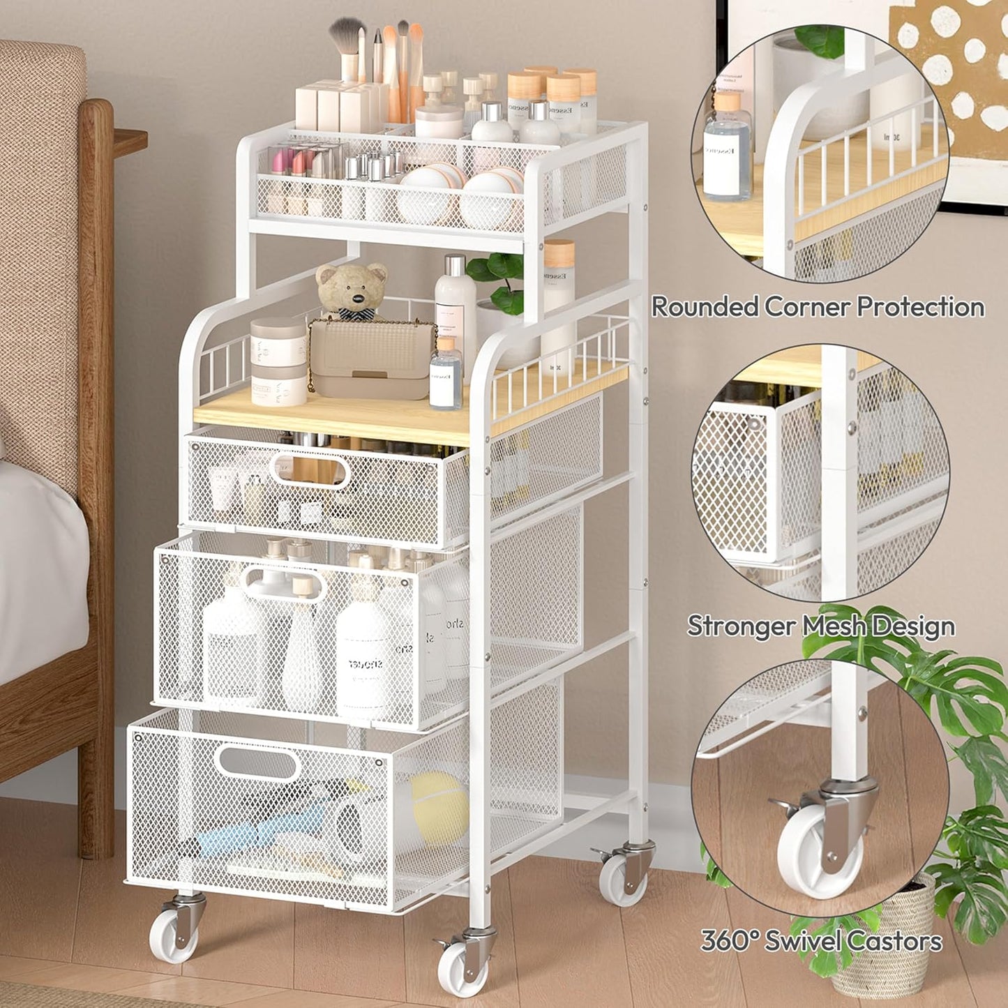 SWTYMIKI Rolling Cart with Drawers - Metal Utility Cart with Wood Shelf, DIY Divider and Locking Wheels, Craft & Art Cart Organizer for Under Desk Storage for Home Office Studio, Espresso