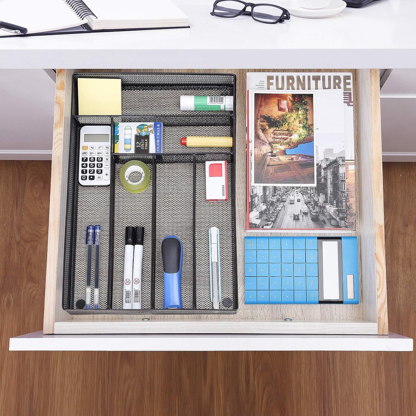 WuGeShop Expandable Office Drawer Organizer, 6 to 7 Compartments Adjustable Mesh Desk Drawer Organizer, Good Desk Organizer for Office Supplies and Art Supplies