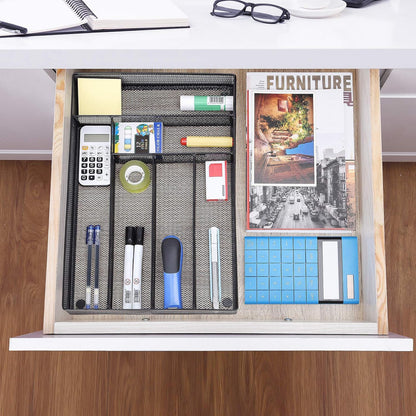 WuGeShop Expandable Office Drawer Organizer, 6 to 7 Compartments Adjustable Mesh Desk Drawer Organizer, Good Desk Organizer for Office Supplies and Art Supplies