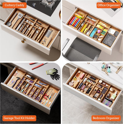 Silverware Organizer Large, Magnetic Connected Expandable 13 Slots Silverware Drawer Organizer From 21 to 37.4 Inches, Adjustable Flatware and Cutlery Holder, Bamboo Utensil Tray for Kitchen Natural