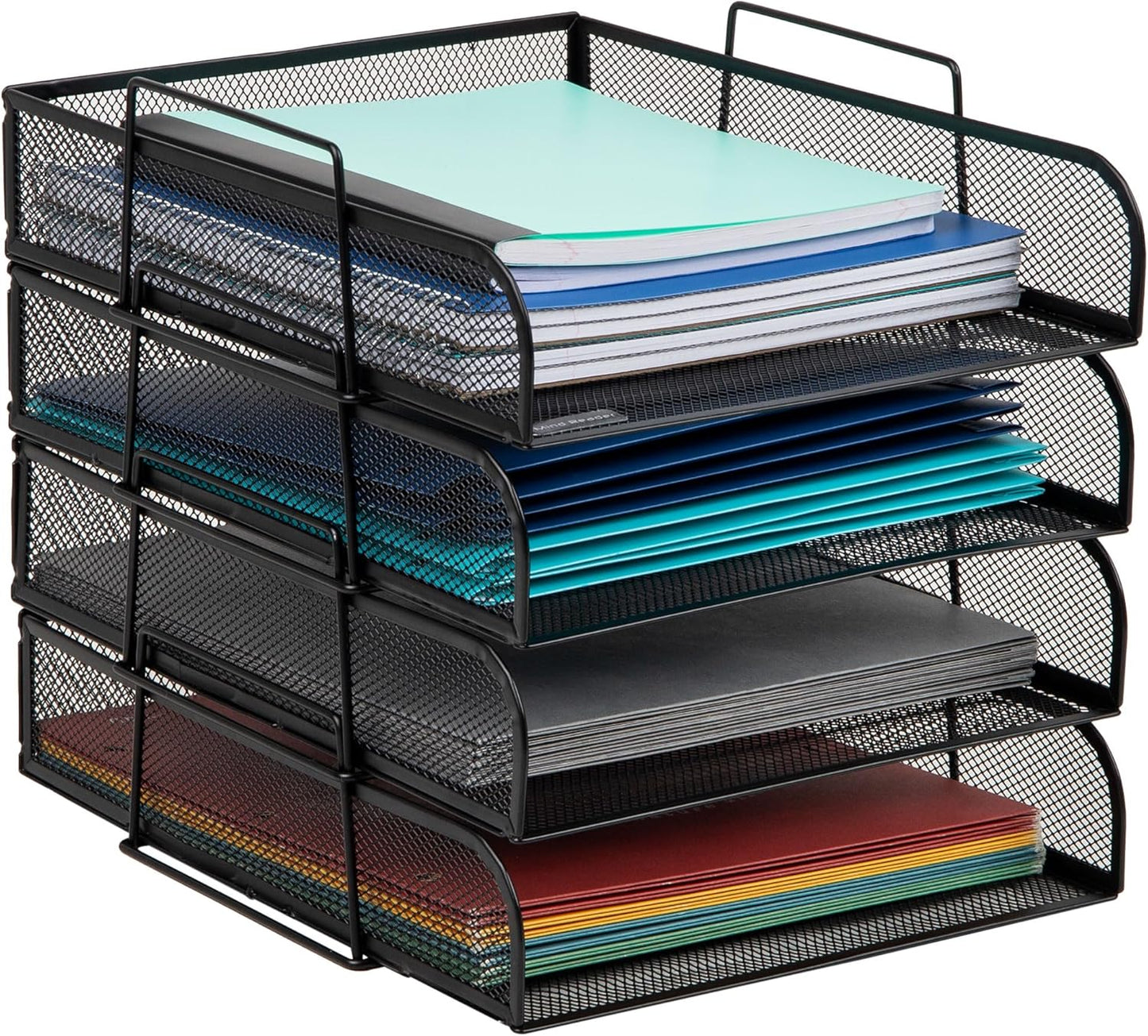 Mind Reader Stackable Paper Tray, Desktop Organizer, File Storage, Office, Metal Mesh, 10.5" L x 13.5" W x 11.25" H, 4 Pcs., Pink