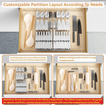 Yieach Clear Expandable Silverware Drawer Organizer - Adjust From 11'' to 22'' - Knife,Cutlery,Spoons and Forks Organizer,Large 8 Grid Flatware,Silverware Tray,Utensil Organizer for Kitchen Drawers