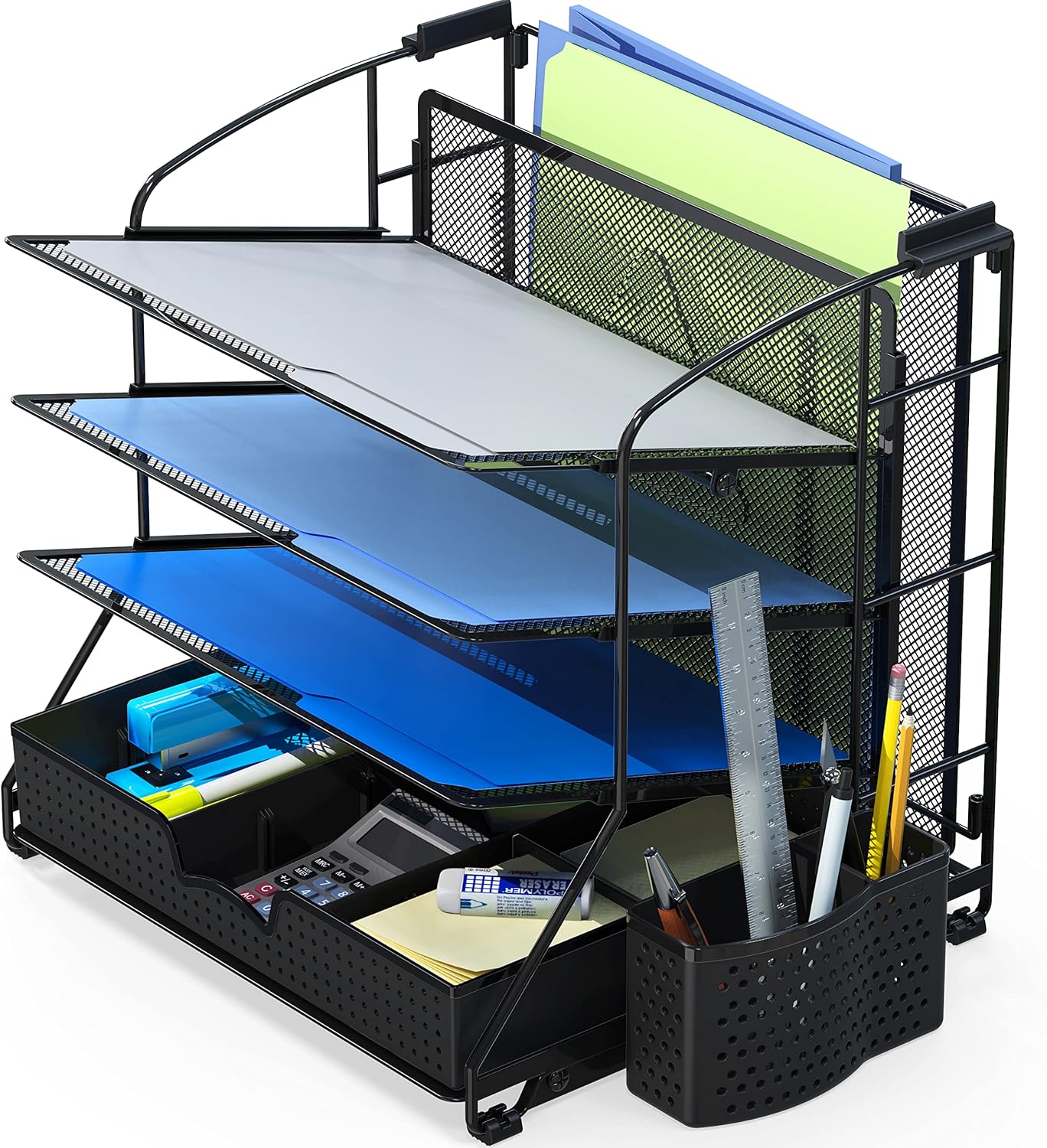 Simple Houseware Desktop Document Tray Organizer with Sliding Drawer/Caddy/Hanging File Section, Black
