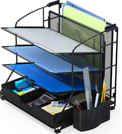 Simple Houseware Desktop Document Tray Organizer with Sliding Drawer/Caddy/Hanging File Section, Black