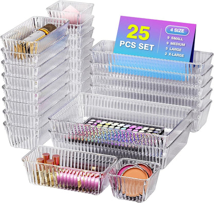 15 PCS Clear Plastic Drawer Organizer Set - 4 Sizes Makeup Organizer Desk Drawer Divider Bathroom Organizers and Storage Bins for Makeup, Jewelry, Gadgets, Office, Kitchen, Bedroom, Bathroom