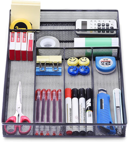 WuGeShop Expandable Office Drawer Organizer, 6 to 7 Compartments Adjustable Mesh Desk Drawer Organizer, Good Desk Organizer for Office Supplies and Art Supplies