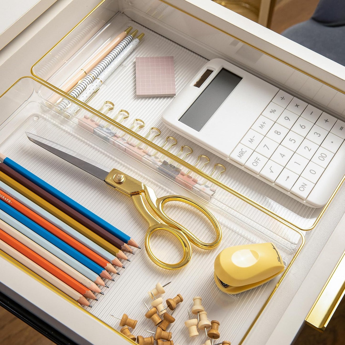 Martha Stewart Kerry Plastic Stackable Office Desk Drawer Organizers, 6" x 3", 6 Pack, with Gold Trim