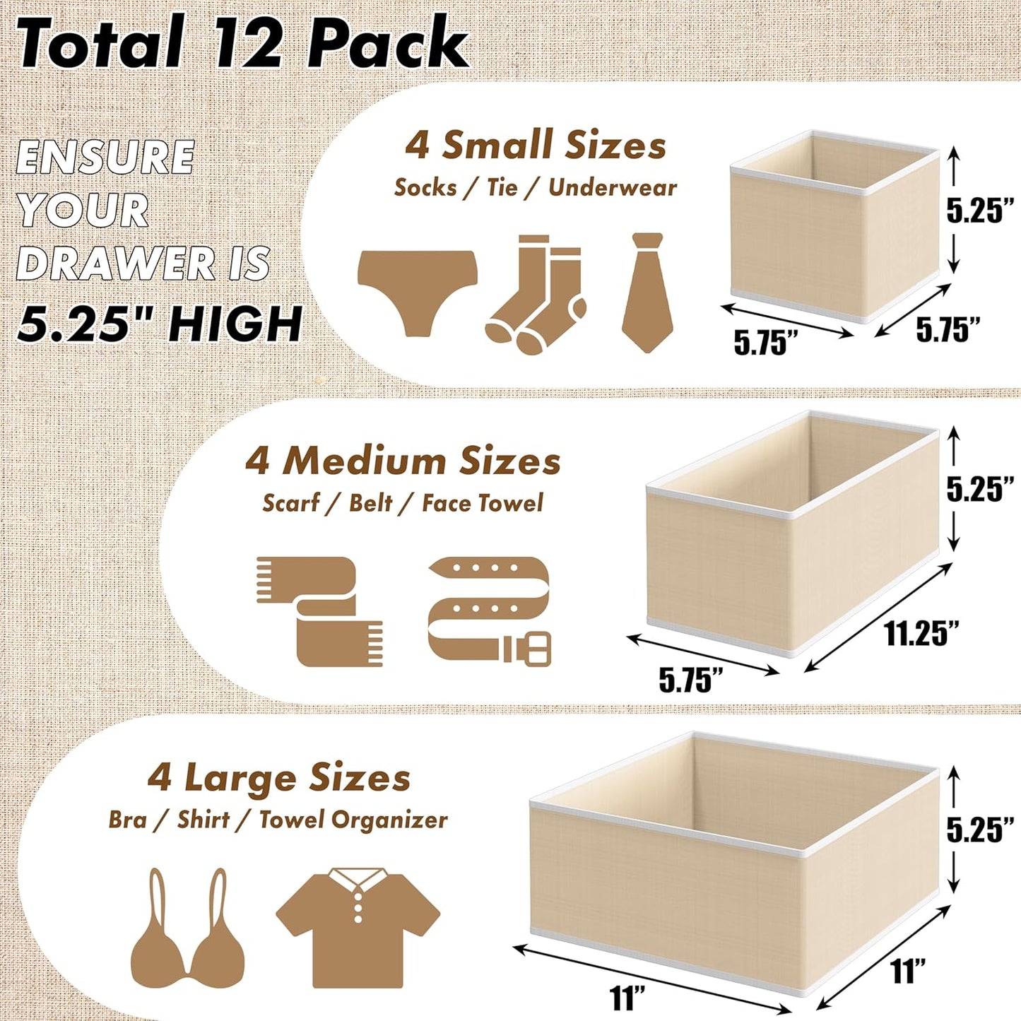 SIMPLE HOUSEWARE Foldable Drawer Organizer for Clothes/Underwear/Panty/Onesie Stocking Bin, Set of 12, Black