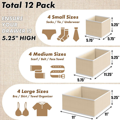 SIMPLE HOUSEWARE Foldable Drawer Organizer for Clothes/Underwear/Panty/Onesie Stocking Bin, Set of 12, Black