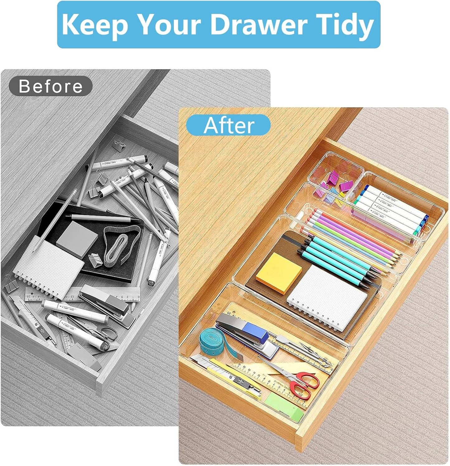 Clear Drawer Organizers Set of 13, 5-Size Vanity Organizer Trays, Stackable Bathroom & Desk Drawer Organizer for Makeup, Jewelry, Kitchen Utensils, Office Supplies and Small Gadgets Storage