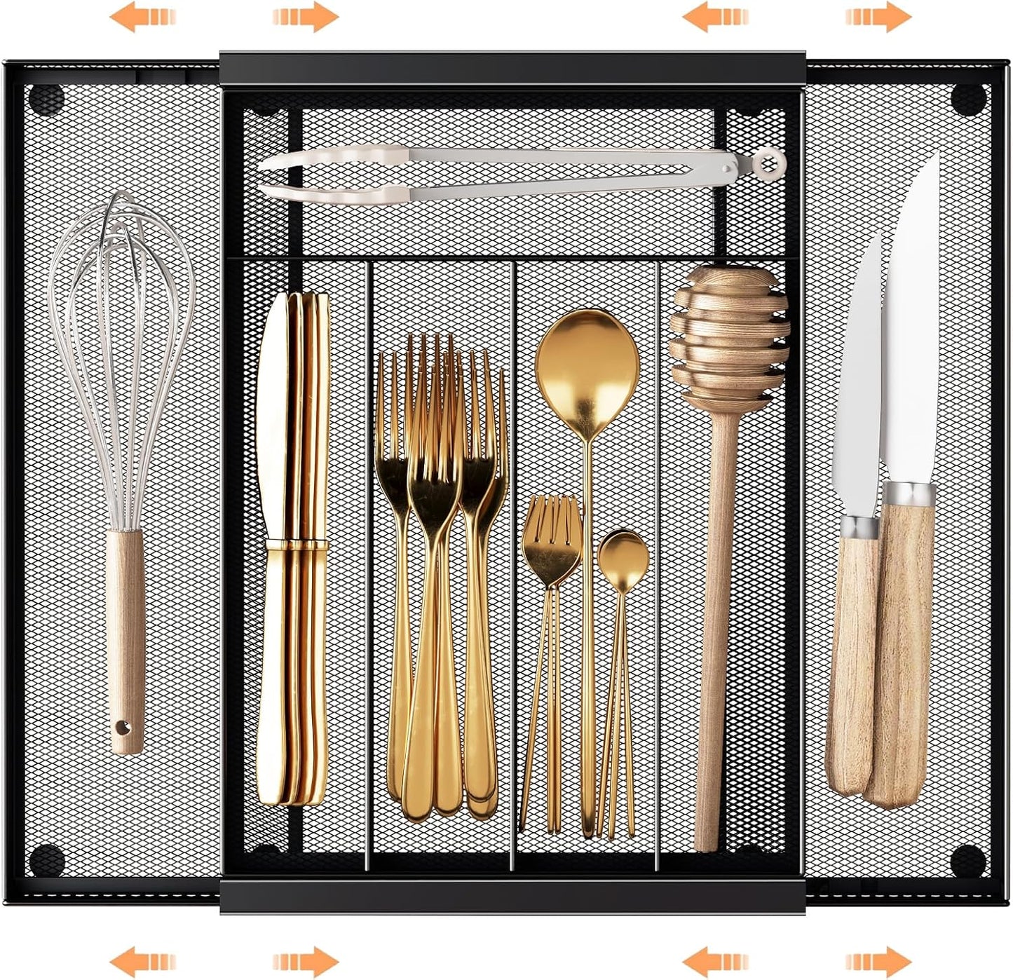 Sedegn Silverware Organizer Metal Mesh, Small Drawer Organizer, Utensil Cutlery Tray for kitchen drawers, Flatware Organizer with 5 Compartment, Black(9.3"*12.6")