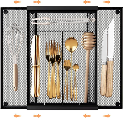 Sedegn Silverware Organizer Metal Mesh, Small Drawer Organizer, Utensil Cutlery Tray for kitchen drawers, Flatware Organizer with 5 Compartment, Black(9.3"*12.6")