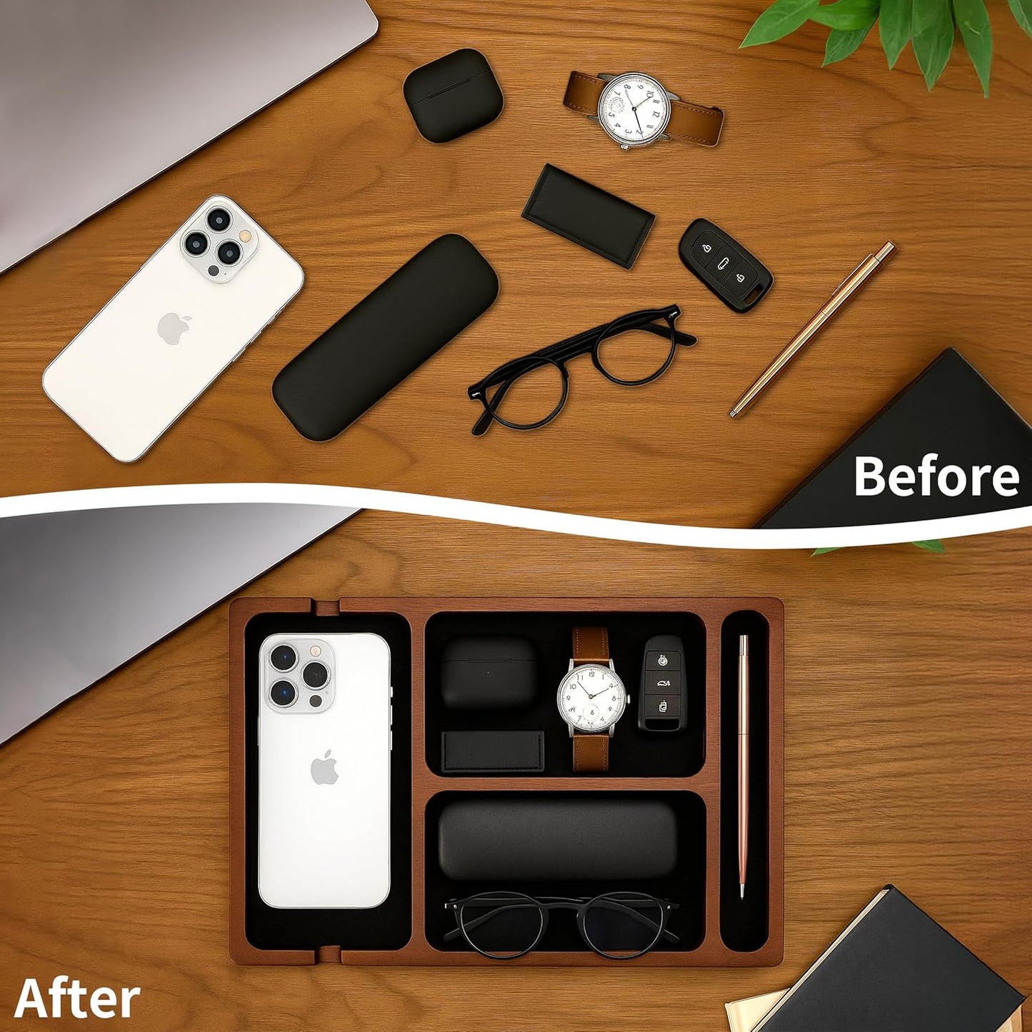 Valet Tray, Multi-Space Acacia Wood Leather Surface Desk Organizer Tray with Charging Assistance Port for Office or Study Room, Nightstand Organizer for EDC, Store Phone, Watch, Wallet, Keys, Jewelry