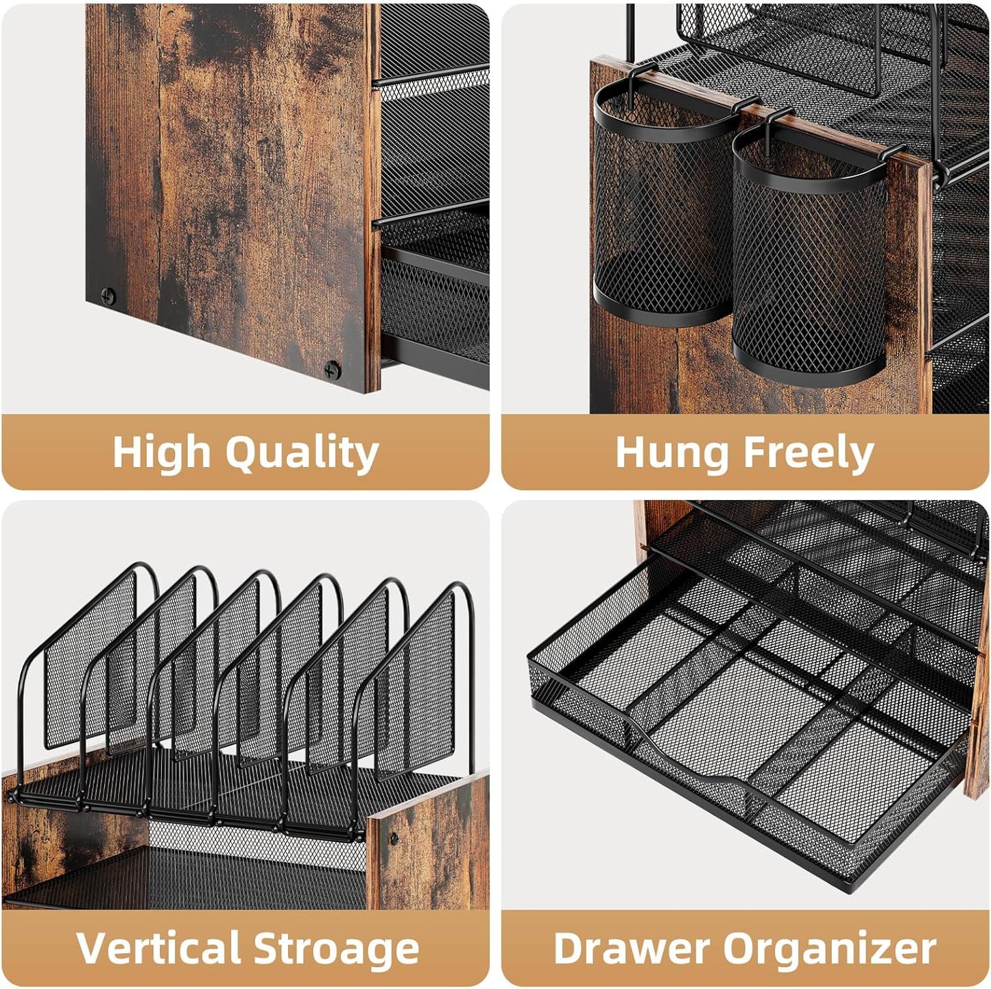 Marbrasse Desk Organizer with Drawer, 4-Tier Mesh File Organizer with 5 Vertical File Holders and 2 Pen Holders, Multifunction Desktop Organizer,Desk Organizers and Accessories for Home Office