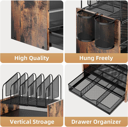 Marbrasse Desk Organizer with Drawer, 4-Tier Mesh File Organizer with 5 Vertical File Holders and 2 Pen Holders, Multifunction Desktop Organizer,Desk Organizers and Accessories for Home Office