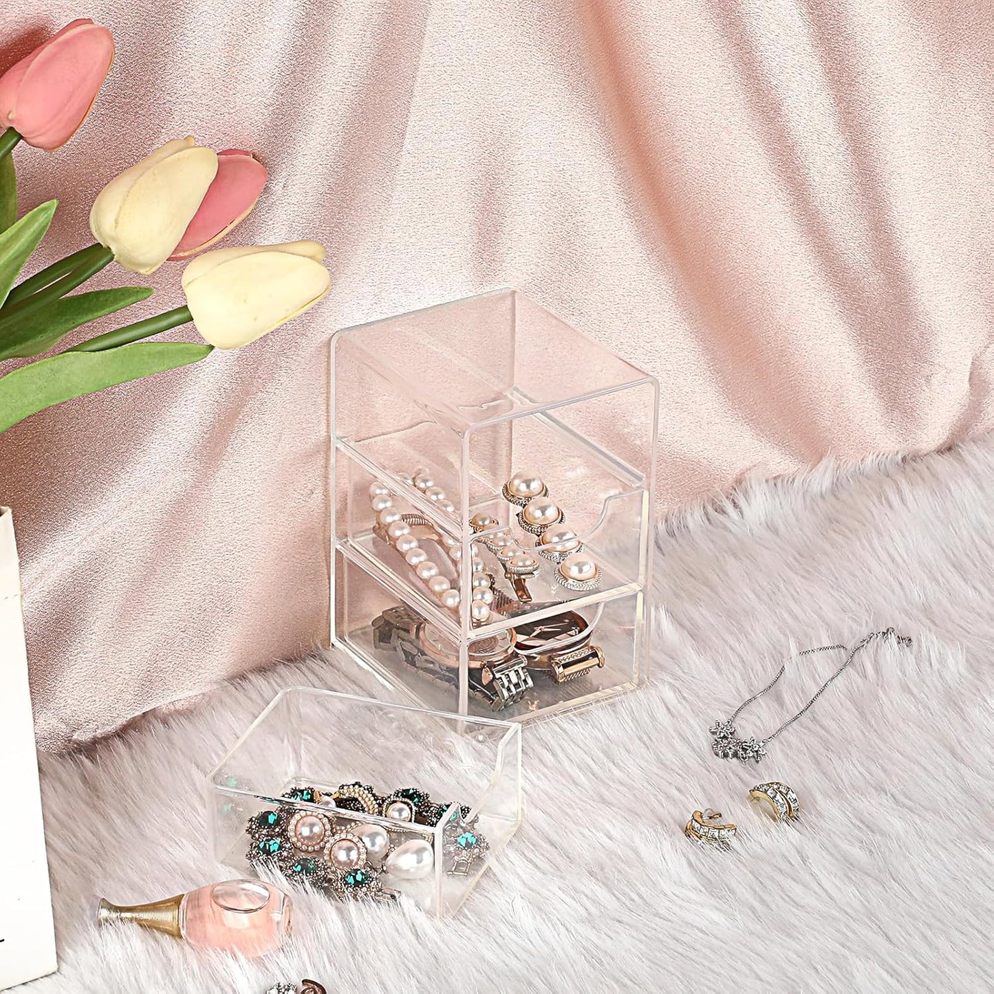 BTSKY 1 Pack Small Acrylic Storage Organizer with Drawers, 3-Layer Clear Desktop Organizer for Office Supplies Mini Storage Box with Drawers for Desk, Desktop Makeup Drawer Jewelry Storage Box