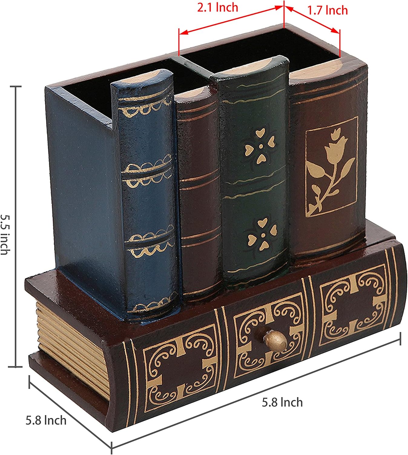 MyGift Decorative Desk Organizer Caddy, Pencil and Pen Holder with Bottom Storage Drawer and Antique Library Books Design