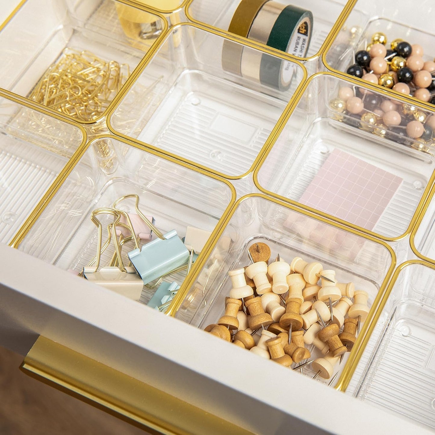 Martha Stewart Kerry Plastic Stackable Office Desk Drawer Organizers, 6" x 3", 6 Pack, with Gold Trim