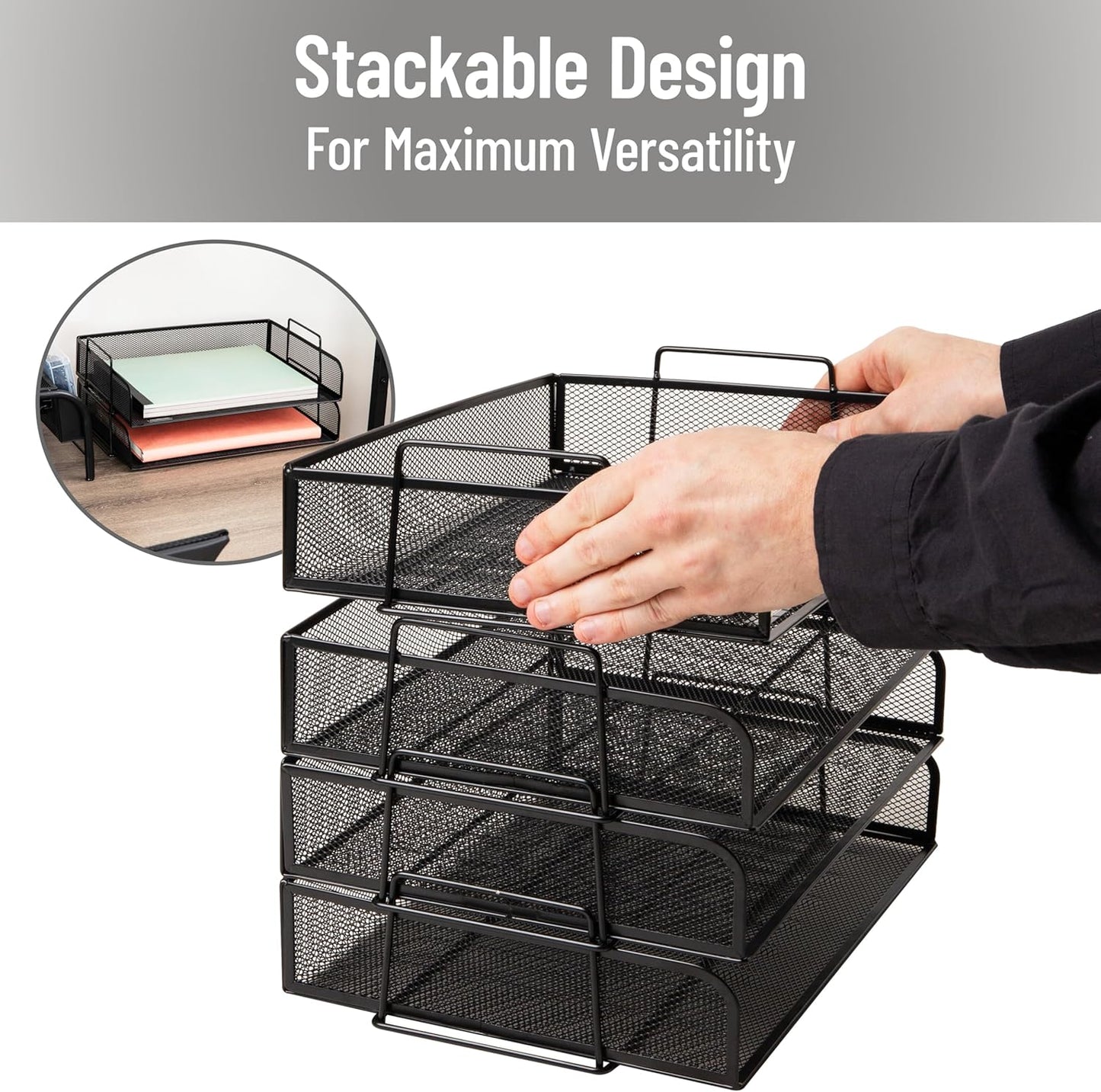 Mind Reader Stackable Paper Tray, Desktop Organizer, File Storage, Office, Metal Mesh, 4 Pcs., Black