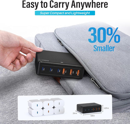 TT&C 100W USB-C Charging Station, 6-Port GaN III Desktop Hub (30W Max Per Port), Compatible with iPhone 17, 16, 15, iPad, MacBook Air & Samsung Galaxy - Black