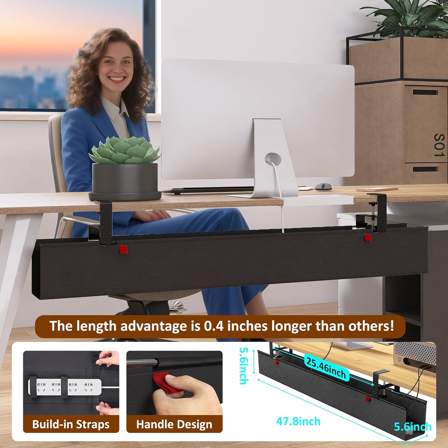 Under Desk Cable Management Tray - Under Desk Cord Management - Clamp/Screw Mount - Fabric Wire Management - Cable Raceways Tray Cord Hiders for Office/Home (Black, 35.8"×5.6")