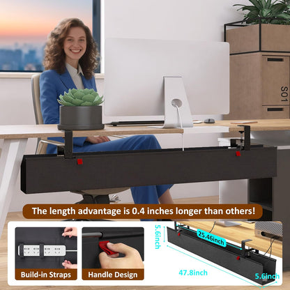 Under Desk Cable Management Tray - Under Desk Cord Management - Clamp/Screw Mount - Fabric Wire Management - Cable Raceways Tray Cord Hiders for Office/Home (Black, 35.8"×5.6")