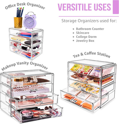 Sorbus Acrylic Makeup Organizer Set, 4-Drawer Vanity & Countertop Cosmetic Storage with Wide Drawers, Clear Makeup Storage for Brushes, Lipsticks, Jewelry – Holiday Gift for Women & Teens