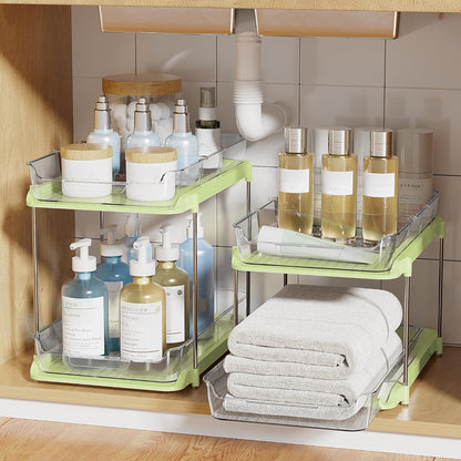 Delamu 2-Tier Multi-Purpose Bathroom Under Sink Organizers and Storage, Stackable Kitchen Pantry Organization, Pull Out Medicine Cabinet Organizer with Movable Dividers, White, 2 Pack
