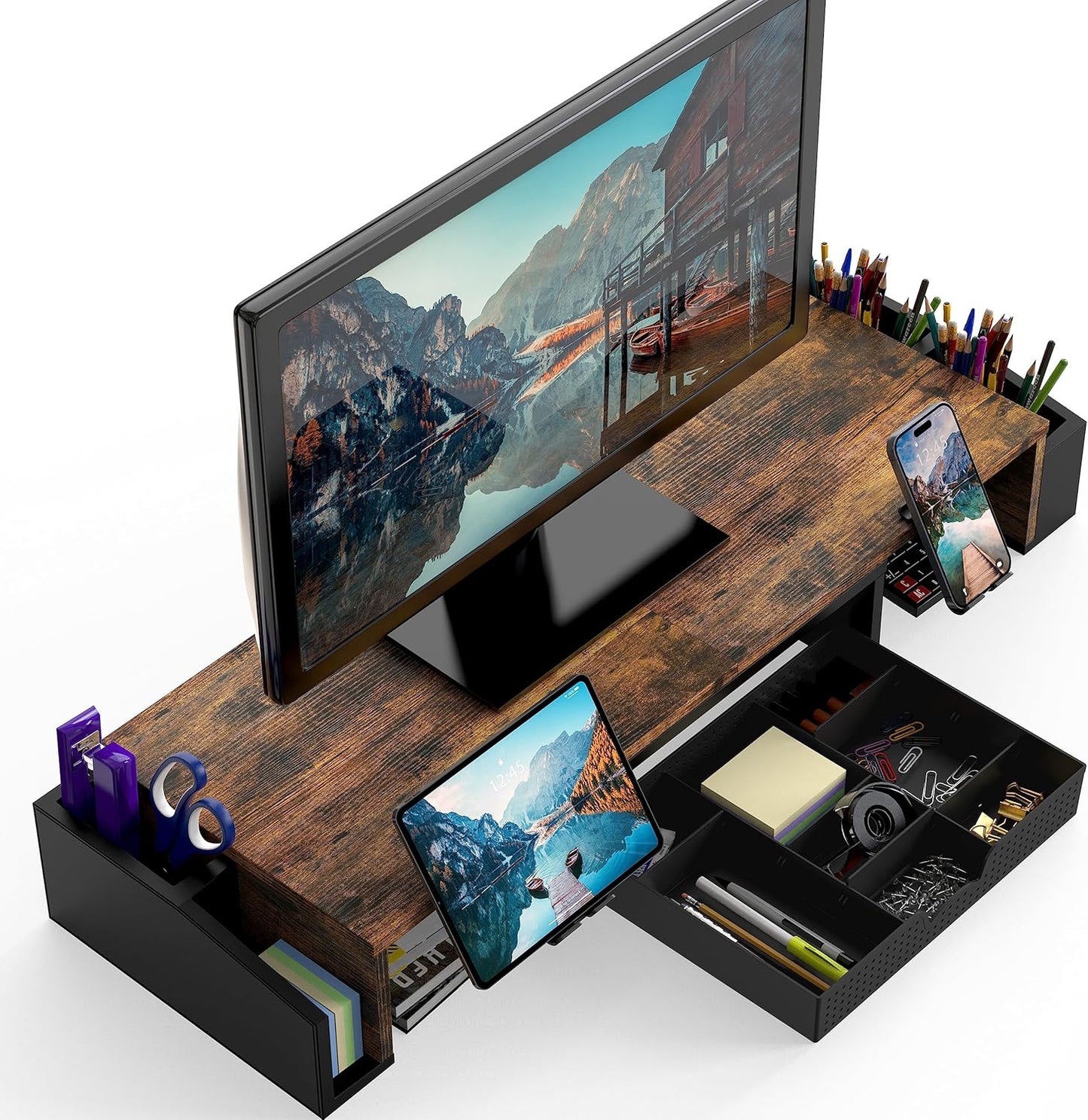 Simple Houseware Desk Dual Monitor Stand Riser with Drawer, Black