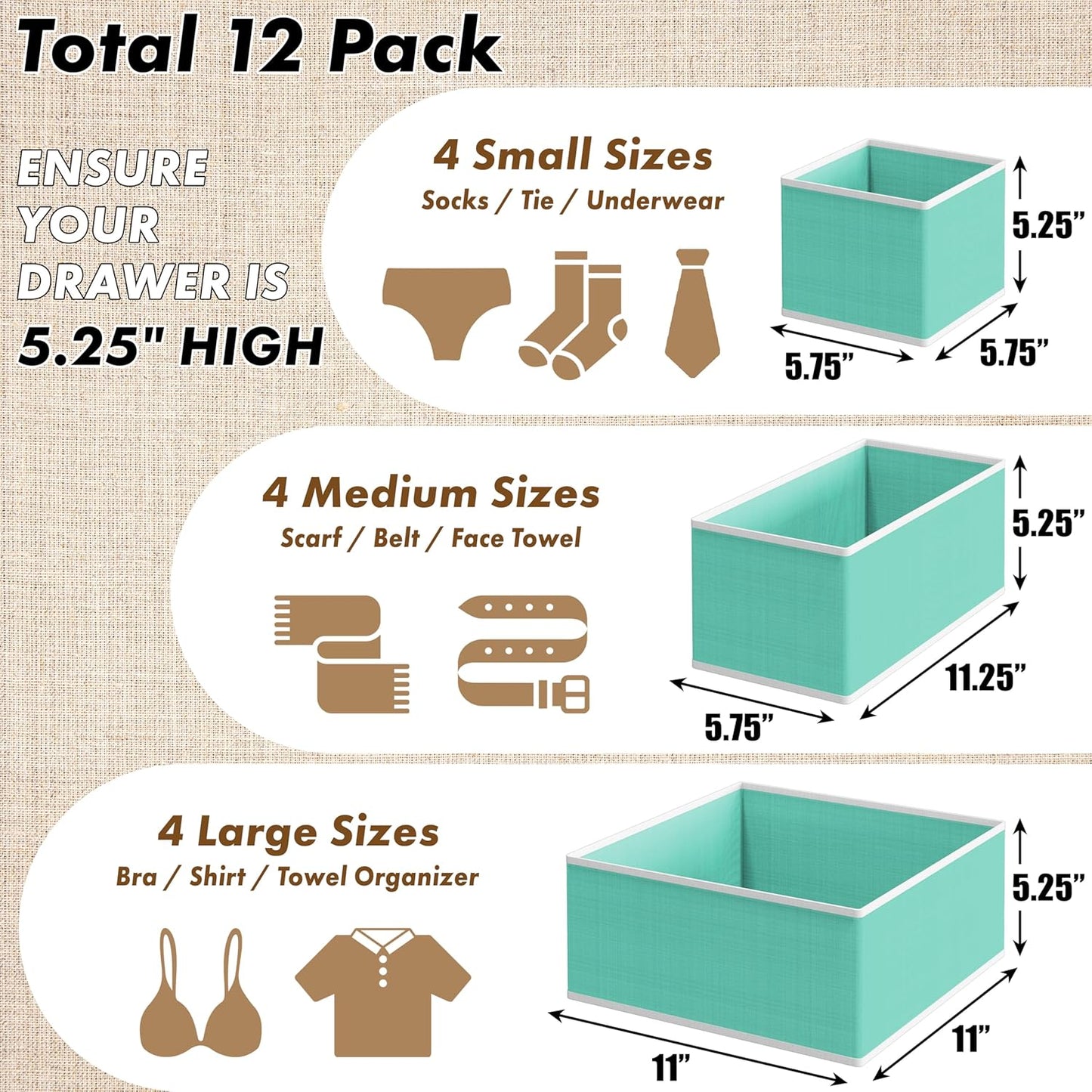 SIMPLE HOUSEWARE Foldable Drawer Organizer for Clothes/Underwear/Panty/Onesie Stocking Bin, Set of 12, Black