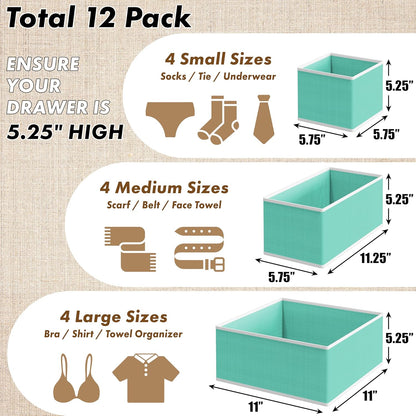 SIMPLE HOUSEWARE Foldable Drawer Organizer for Clothes/Underwear/Panty/Onesie Stocking Bin, Set of 12, Black