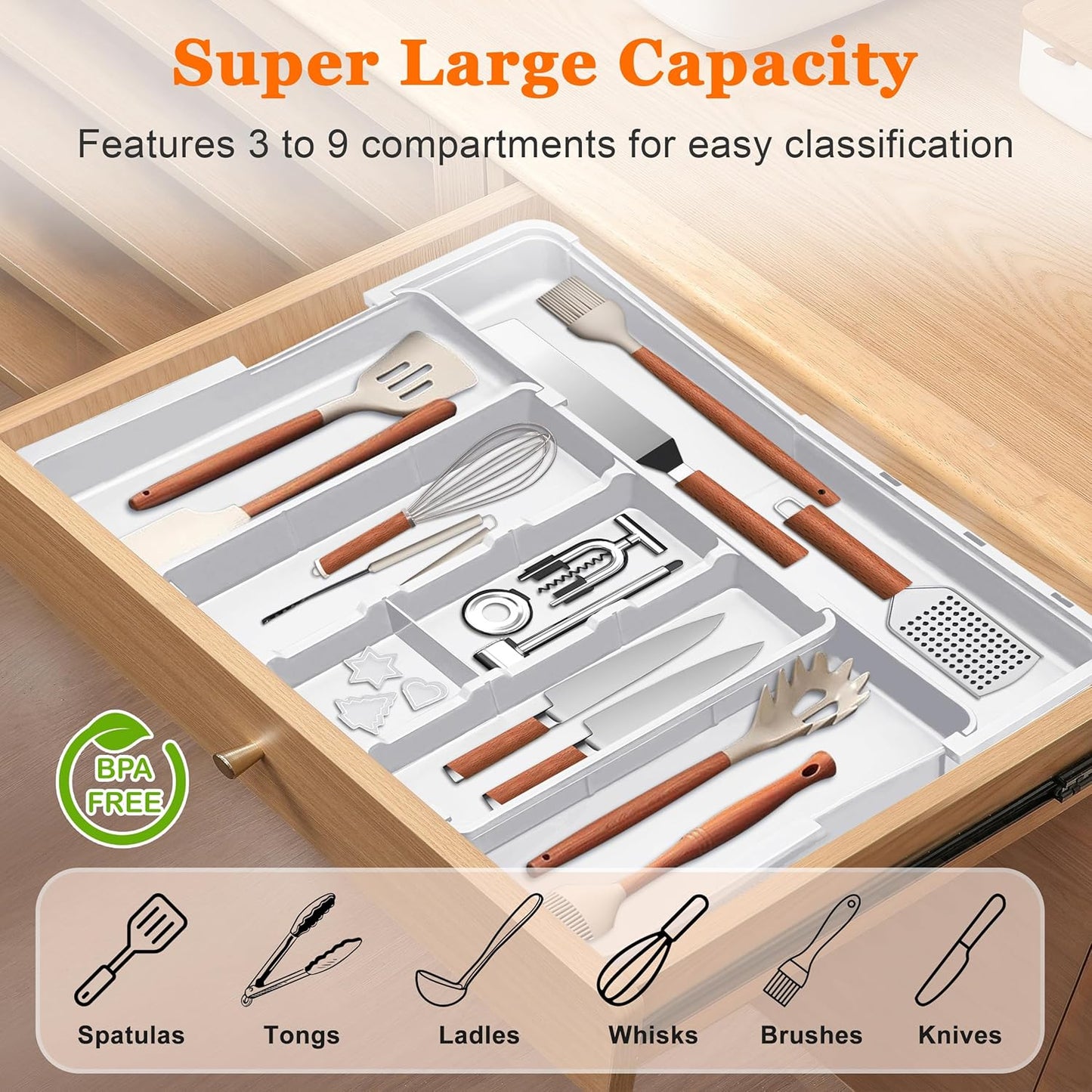 Spaclear Large Utensil Drawer Organizer Expandable Silverware Organizer for Kitchen Drawer Adjustable Cooking Utensil Holder Cutlery Flatware Tray Spatula Tools Gadgets Storage Dividers Plastic Black