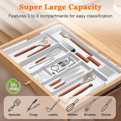 Spaclear Large Utensil Drawer Organizer Expandable Silverware Organizer for Kitchen Drawer Adjustable Cooking Utensil Holder Cutlery Flatware Tray Spatula Tools Gadgets Storage Dividers Plastic Black