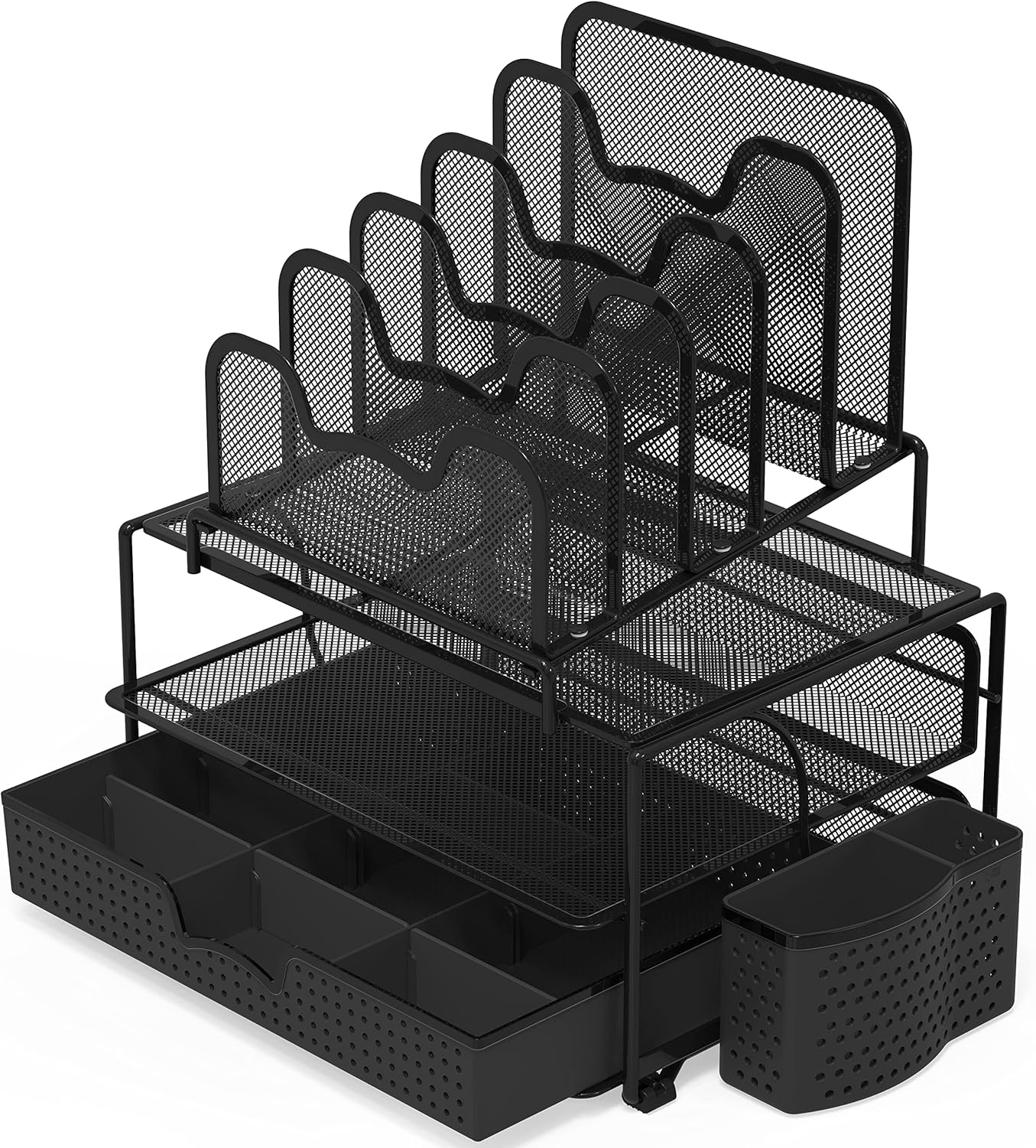 Simple Houseware Mesh Desk Organizer with Sliding Drawer, Double Tray and 5 Stacking Sorter Sections, Black