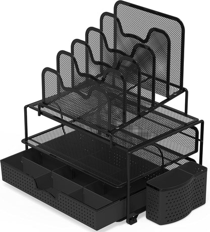 Simple Houseware Mesh Desk Organizer with Sliding Drawer, Double Tray and 5 Stacking Sorter Sections, Black