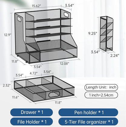 SUPEASY Desk Organizer with File Holder, 5-Tier Mesh Paper Letter Tray and 3 Tilted File Sorter for Office Supplies, Black