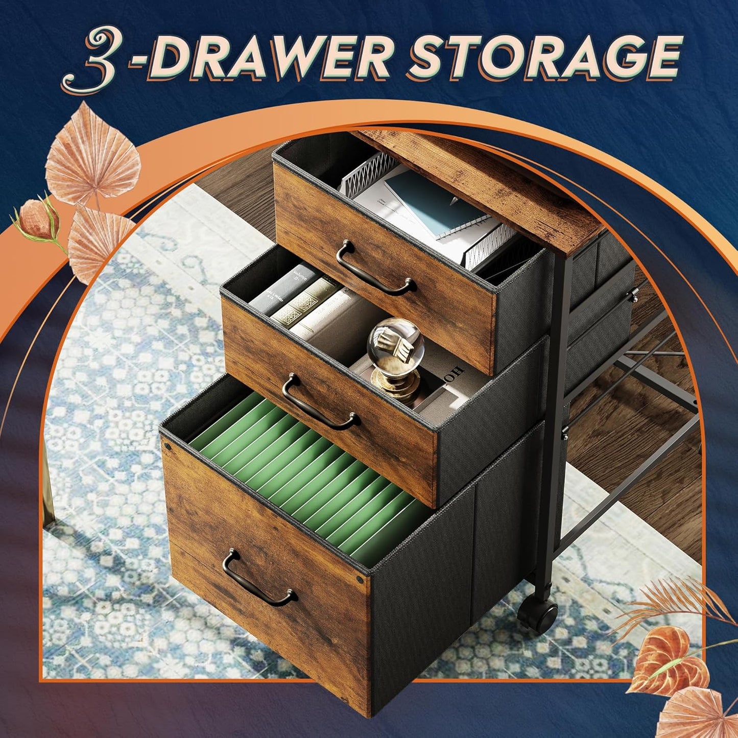 DEVAISE Mobile File Cabinet, Rolling Printer Stand with 3 Drawers, Fabric Vertical Filing Cabinet fits A4 or Letter Size for Home Office, Black