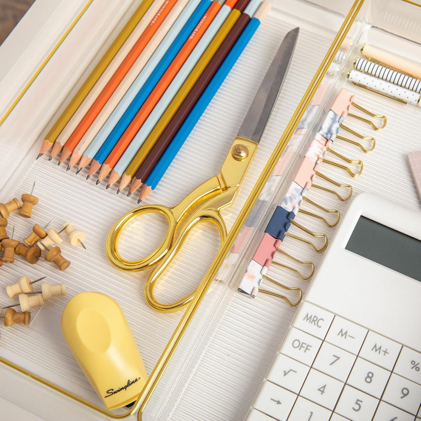 Martha Stewart Kerry Plastic Stackable Office Desk Drawer Organizers, 6" x 3", 6 Pack, with Gold Trim