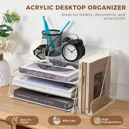 Acrylic Desk Organizer - 4-Tier Tray with Vertical File Holder for Books, Stationary, Letter, Magazines, Documents, and File Organizer - Durable Space Saving Storage, For Home and Office