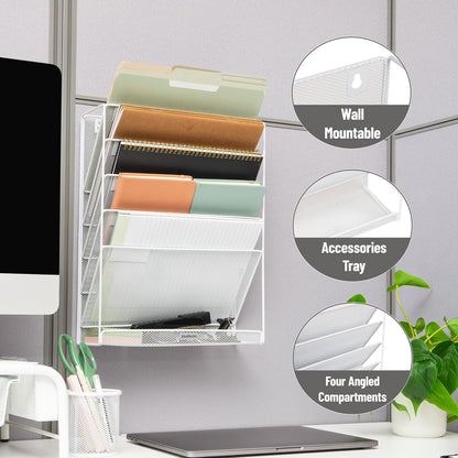 Mind Reader 5-Pocket Vertical File Storage, Desktop Organizer, Wall Mount, Office, Metal Mesh, Pink