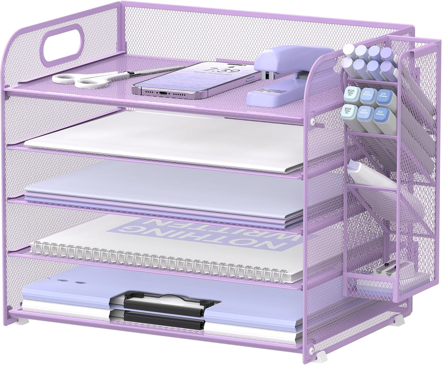 SUPEASY 5 Tier Desk Organizer with Handle & Removable Pen Holders, Mesh Paper/File Organizer for Desk, Paper Letter Tray Organizer for Office Supplies (Black)