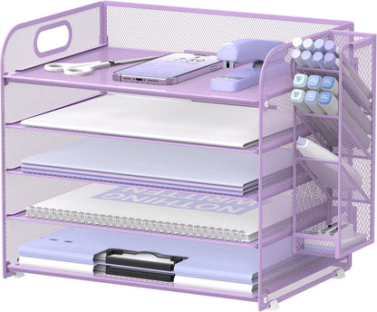 SUPEASY 5 Tier Desk Organizer with Handle & Removable Pen Holders, Mesh Paper/File Organizer for Desk, Paper Letter Tray Organizer for Office Supplies (Black)