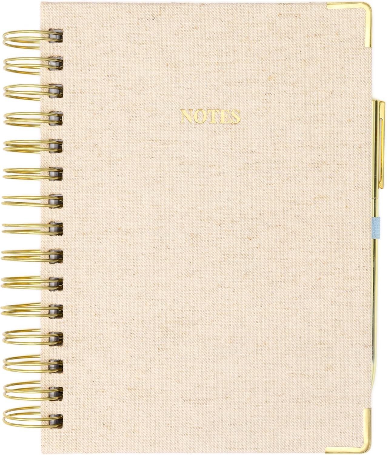 ELYN Lined Spiral Journal, Linen Hardcover Notebook with Matching Gold Gel Pen, 252 Pages, 8 in x 5 in - 100 GSM Premium Paper, Spiral Notebook for Home, Office, Notes & Gifts, (Linen)